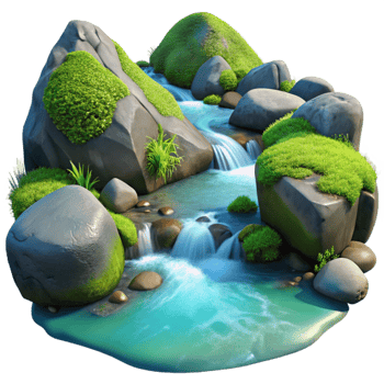 wonderful classic elegant contemporary A crystal-clear mountain stream flowing over smooth, moss-covered rocks, illuminated by dappled sunlight, in a realistic, nature documentary style detailed... png