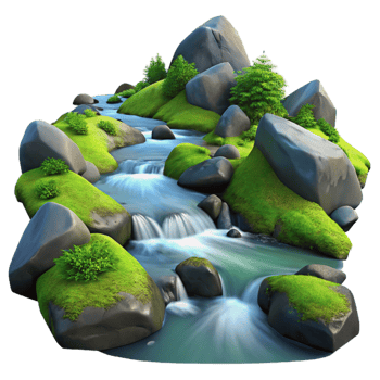serene classic extraordinary rustic A crystal-clear mountain stream flowing over smooth, moss-covered rocks, illuminated by dappled sunlight, in a realistic, nature documentary style genuine 4K png