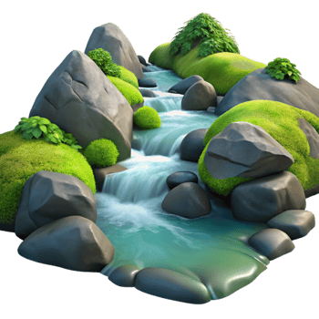 elegant classic magnificent minimalist A crystal-clear mountain stream flowing over smooth, moss-covered rocks, illuminated by dappled sunlight, in a realistic, nature documentary style high... png