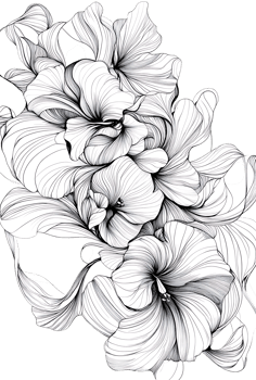 Elegant black and white line drawing of flowers. png