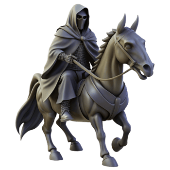 vibrant artistic stunning vintage A mysterious, hooded figure riding a skeletal steed through a desolate wasteland, ominous lighting, dark fantasy art high quality professional png