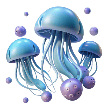 stunning modern serene artistic A school of jellyfish drifting through the deep ocean, bioluminescent, ethereal, abstract art style professional high quality png