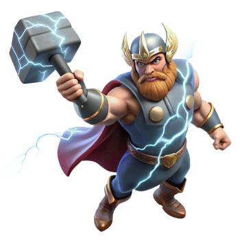 vibrant minimalist impressive abstract Thor, the Norse god of thunder, hurls Mjolnir across a stormy sky, crackling lightning illuminates his muscular form, runes etched onto his hammer, epic... png