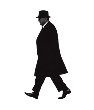 Silhouette of a man in a hat and coat walking at night. png
