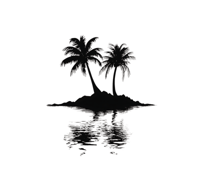 Silhouette of tropical island with palm trees reflecting in water. png