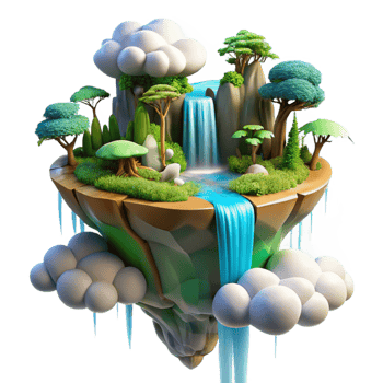 stunning vintage beautiful vintage A floating island with waterfalls cascading into the clouds, vibrant colors and lush vegetation, dreamlike lighting, fantasy art style genuine original png