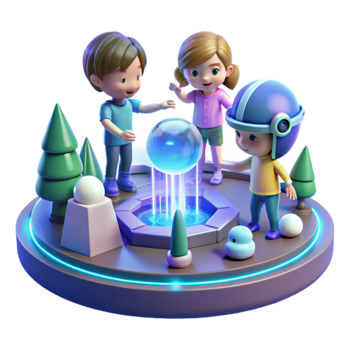 dramatic contemporary elegant minimalist A group of children playing with holographic toys in a futuristic park, bright, cheerful lighting, cartoon style high quality genuine png