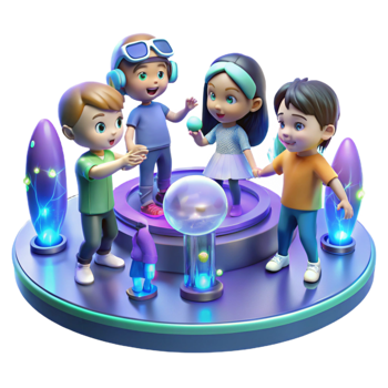 vibrant abstract impressive modern A group of children playing with holographic toys in a futuristic park, bright, cheerful lighting, cartoon style detailed professional png