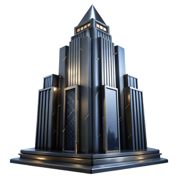 stunning traditional dramatic modern Art Deco skyscraper, chrome and black glass, sharp angles, volumetric lighting, rainy night, high contrast, original high resolution png