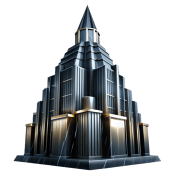 impressive artistic vibrant creative Art Deco skyscraper, chrome and black glass, sharp angles, volumetric lighting, rainy night, high contrast, professional premium png