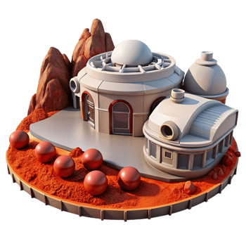vibrant creative wonderful contemporary Martian habitat, futuristic and modular, red dust and rocks, harsh sunlight, sci-fi, detailed 4K png