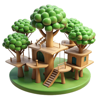 magnificent artistic vibrant modern Treehouse village, interconnected wooden platforms, lush green foliage, dappled sunlight, whimsical, 4K exclusive png