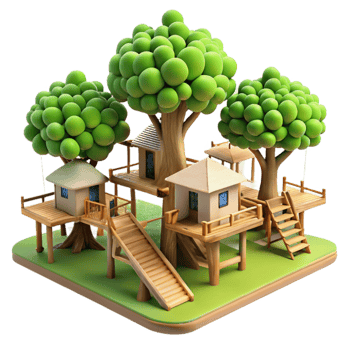 magnificent contemporary vibrant minimalist Treehouse village, interconnected wooden platforms, lush green foliage, dappled sunlight, whimsical, authentic high quality png