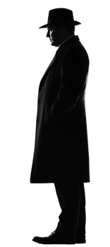 Silhouette of a man in a fedora and overcoat. png