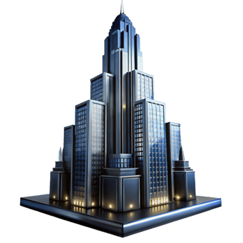 dramatic rustic impressive creative A towering Art Deco skyscraper, chrome and black glass, reflecting a rainy cityscape at night, volumetric lighting, cinematic, original original png