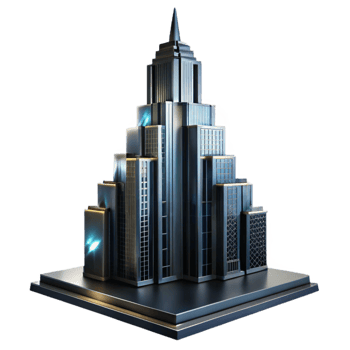 dramatic vintage serene abstract A towering Art Deco skyscraper, chrome and black glass, reflecting a rainy cityscape at night, volumetric lighting, cinematic, professional exclusive png