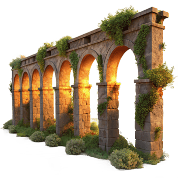 dramatic minimalist extraordinary contemporary An overgrown, crumbling Roman aqueduct at sunset, warm golden light, hyperrealistic, matte painting, premium high resolution png