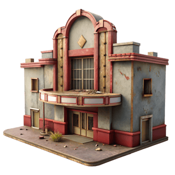 wonderful creative dramatic minimalist A dilapidated Art Deco cinema, faded paint and broken windows, dusty interior, melancholic, vintage photography, high quality authentic png