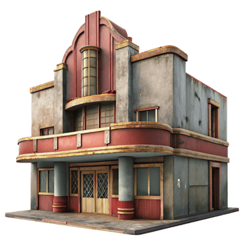 beautiful contemporary beautiful creative A dilapidated Art Deco cinema, faded paint and broken windows, dusty interior, melancholic, vintage photography, 4K professional png