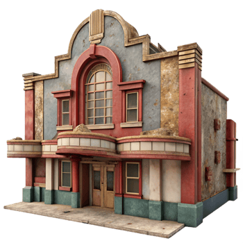magnificent creative stunning minimalist A dilapidated Art Deco cinema, faded paint and broken windows, dusty interior, melancholic, vintage photography, authentic exclusive png