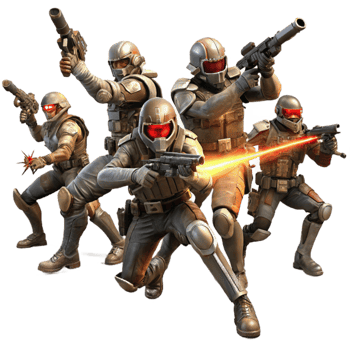 magnificent vintage beautiful creative A group of space pirates in tattered leather and chrome armor engage in a laser gunfight aboard a derelict spaceship.... png