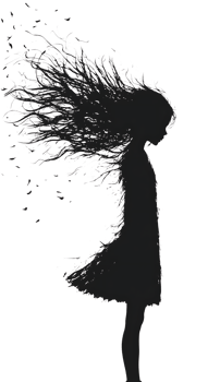Silhouette of a girl with hair dissolving into particles. png