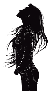 A black and white drawing of a woman with long hair png