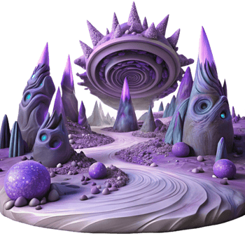 vibrant minimalist magnificent contemporary A vast, alien landscape with strange, crystalline formations and a swirling purple sky. Ethereal, otherworldly lighting.... png