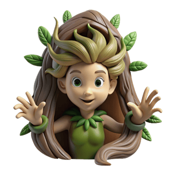 magnificent contemporary dramatic modern A playful dryad with skin of living bark and hair of trailing vines, emerging from a hollow tree, illuminated by dappled sunlight filtering through the... png
