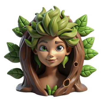 dramatic rustic elegant abstract A playful dryad with skin of living bark and hair of trailing vines, emerging from a hollow tree, illuminated by dappled sunlight filtering through the leaves.... png