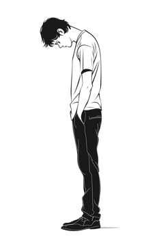 Silhouette of a man with head bowed down, conveying sadness or depression. png
