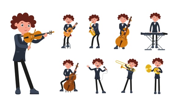 Cheerful cartoon musician playing various instruments in a lively performance vector