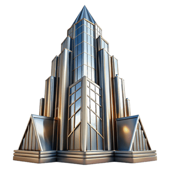 stunning classic beautiful classic Art Deco skyscraper, chrome and glass, sharp angles, sunlight reflecting off the facade, highly polished surfaces, stylized geometric patterns, volumetric... png
