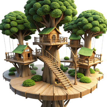 impressive classic vibrant minimalist A treehouse village built into giant redwood trees, intricate walkways and platforms, sunlight filtering through the leaves, fantasy setting, detailed... png
