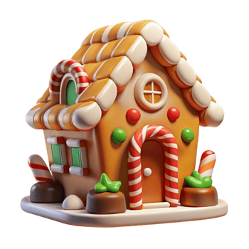 serene traditional vibrant contemporary A whimsical gingerbread house, candy cane columns and gumdrop decorations, bright festive lighting, fairytale setting, playful composition 4K original png