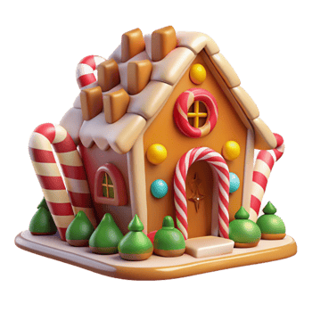 beautiful contemporary serene creative A whimsical gingerbread house, candy cane columns and gumdrop decorations, bright festive lighting, fairytale setting, playful composition exclusive detailed png