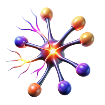 extraordinary traditional dramatic minimalist A single, stylized neuron firing electrical impulses, illuminated by vibrant, multicolored flashes of light, in an abstract style exclusive high quality png