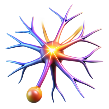 wonderful rustic magnificent creative A single, stylized neuron firing electrical impulses, illuminated by vibrant, multicolored flashes of light, in an abstract style genuine detailed png