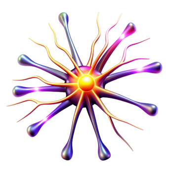 magnificent artistic impressive classic A single, stylized neuron firing electrical impulses, illuminated by vibrant, multicolored flashes of light, in an abstract style professional detailed png