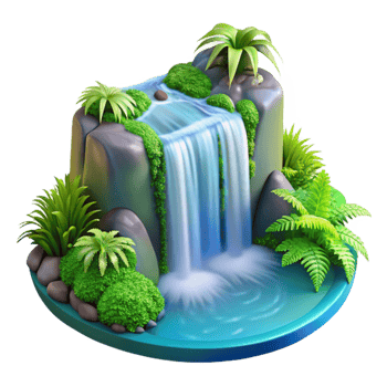 stunning artistic magnificent abstract A cascading waterfall plunging into a crystal-clear pool, surrounded by vibrant green moss and ferns, soft, diffused natural light, photorealistic style... png