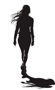 Mysterious female figure walking into darkness. png