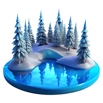 magnificent modern dramatic contemporary A frozen lake reflecting the surrounding snow-covered trees, minimalist composition, cold, blue light, smooth, icy textures high quality high resolution png