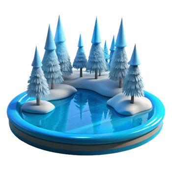 beautiful minimalist wonderful traditional A frozen lake reflecting the surrounding snow-covered trees, minimalist composition, cold, blue light, smooth, icy textures high resolution genuine png