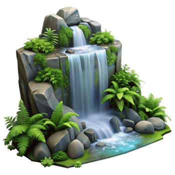 magnificent minimalist stunning modern A cascading waterfall flowing over moss covered rocks, surrounded by lush ferns, misty atmosphere, cinematic lighting genuine professional png