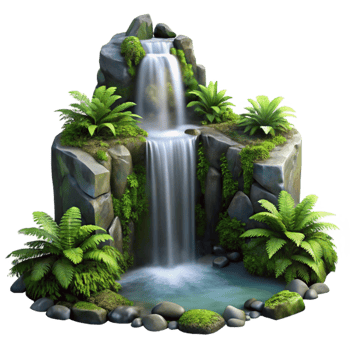 elegant modern beautiful abstract A cascading waterfall flowing over moss covered rocks, surrounded by lush ferns, misty atmosphere, cinematic lighting original detailed png