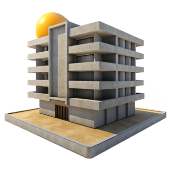 impressive traditional beautiful minimalist A Brutalist concrete apartment complex, stark shadows, harsh midday sun, gritty and realistic style professional original png