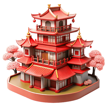 dramatic vintage magnificent abstract A traditional Japanese castle, intricate wooden details and red lacquer, cherry blossom trees in bloom, soft daylight original detailed png