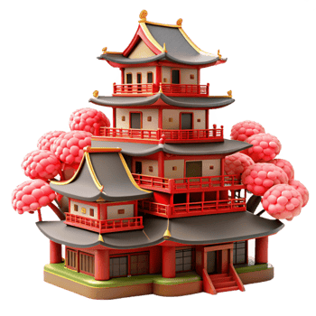 dramatic classic magnificent rustic A traditional Japanese castle, intricate wooden details and red lacquer, cherry blossom trees in bloom, soft daylight authentic high resolution png