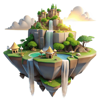 vibrant modern magnificent artistic A floating island city with waterfalls cascading down its sides, lush vegetation, golden hour lighting, fantasy art style 4K 4K png