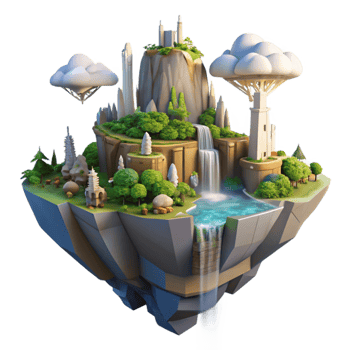 stunning rustic elegant contemporary A floating island city with waterfalls cascading down its sides, lush vegetation, golden hour lighting, fantasy art style professional premium png